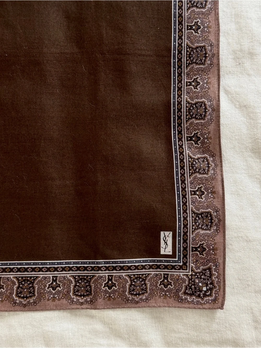 Vintage YSL Brown Paisley Cotton Head Scarf Bandana Made in Japan - Picture 3 of 6